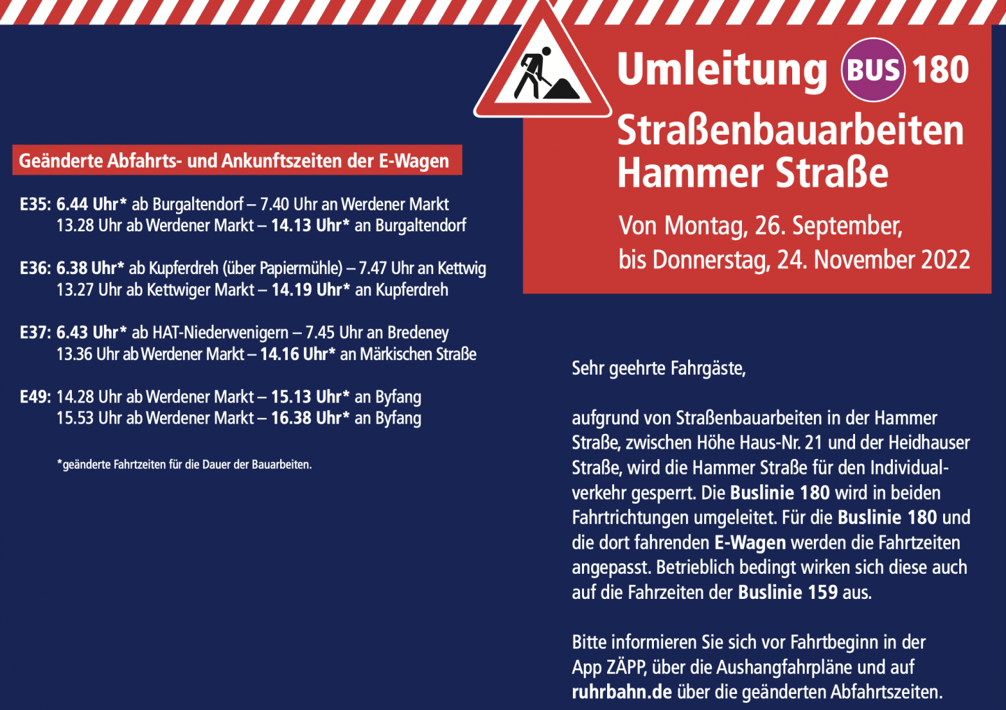 Geänderte Fahrpläne der Ruhr-Bahn ab 26.09.2022